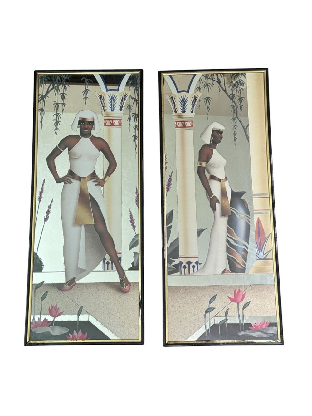 VTG 80s Art Deco Style Framed Mirror Wall Decor Set 2 Egyptian Revival Glam Godd